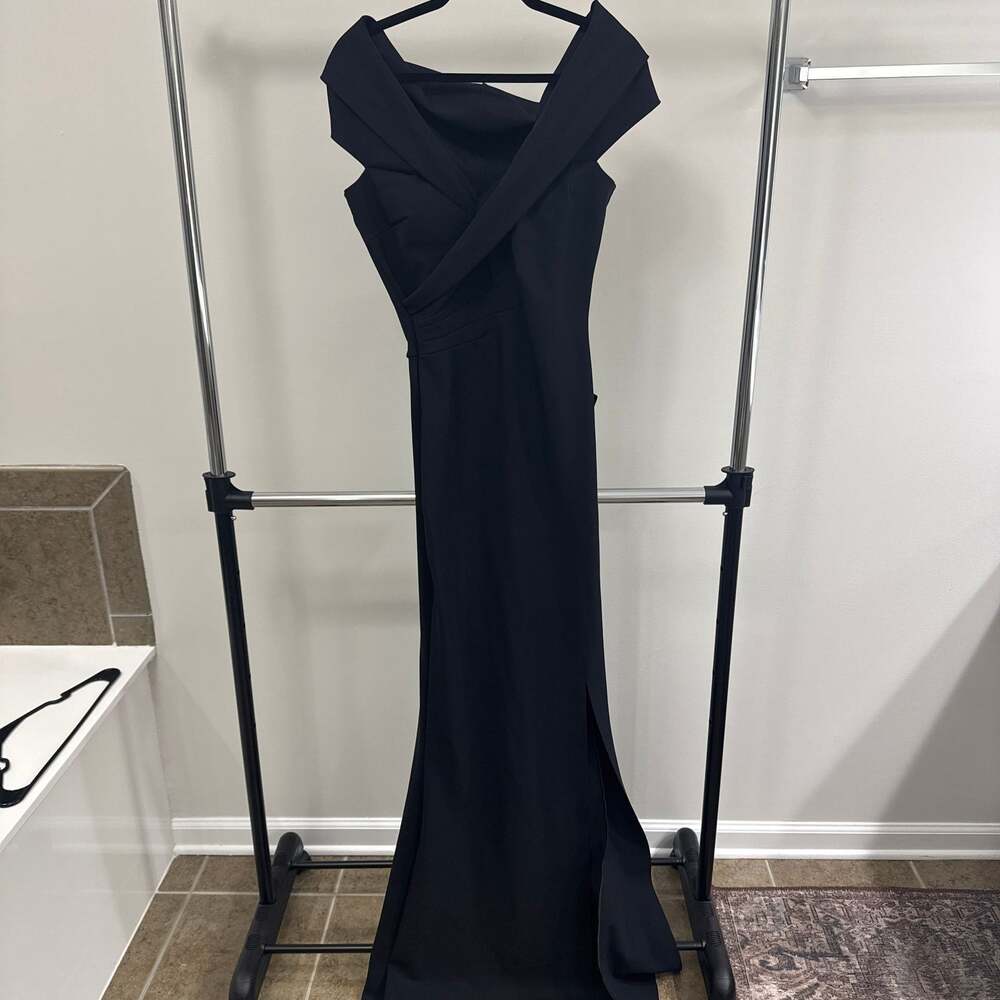 Chiara Boni La Petite Robe Benje Long Off-the-Shoulder Side-Slit Gown in Black